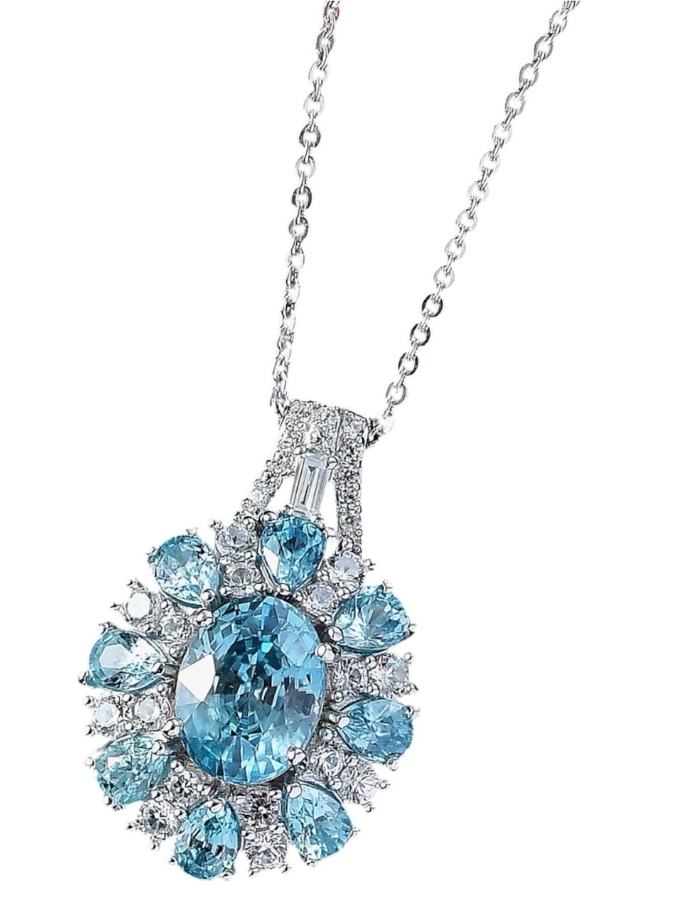 DJoy Womens Cambodian Blue/White Zircon Sunrays Pendant Necklace New 925 Silver